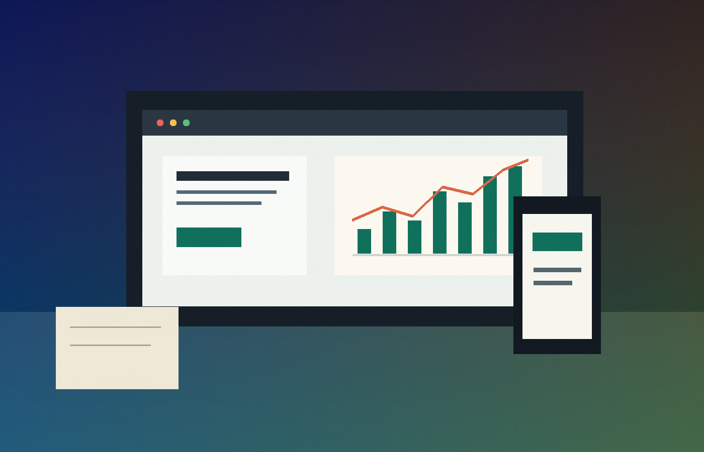 Espace de consultation avec un aperçu de site web, un tableau de bord analytique et une notification de lead mobile.